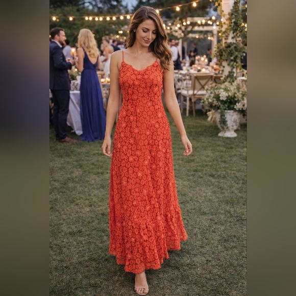 Michael Kors Dresses & Skirts - Michael Kors 3D Floral Maxi Dress Size Large Coral Orange Lined V Neck Fairy